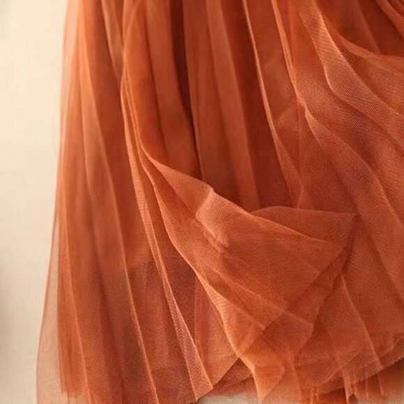 Pumpkin Spice Women's Elegant Pleated Mesh A-Line Skirt - Picture 3 of 7